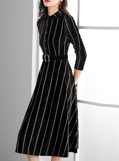 Fashion Shirt Collar Striped Velvet A Line Dress