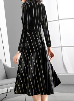 Fashion Shirt Collar Striped Velvet A Line Dress