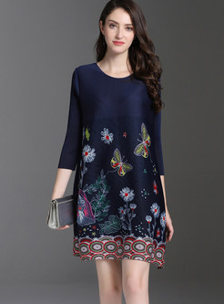 Casual Butterfly Print Plus Size Pleated Shift Dress