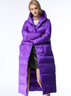 Brief Purple Hooded Straight Down Coat
