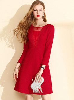 Elegant Red Lace Splicing Perspective Skater Dress