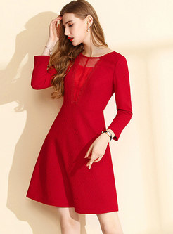 Elegant Red Lace Splicing Perspective Skater Dress