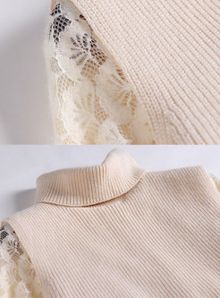 Fashion Beige-yellow Lace Dress With Turtle Neck Knitted Vest