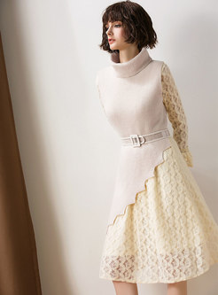 Fashion Beige-yellow Lace Dress With Turtle Neck Knitted Vest