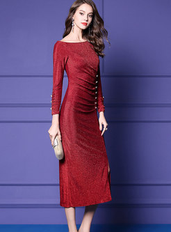 Formal Square Neck Long Sleeve Bodycon Maxi Dress