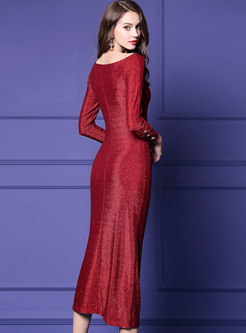 Formal Square Neck Long Sleeve Bodycon Maxi Dress
