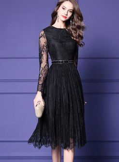 Stylish Notched Plaid Coat & Lace-paneled Long Sleeve Dress