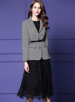 Stylish Notched Plaid Coat & Lace-paneled Long Sleeve Dress