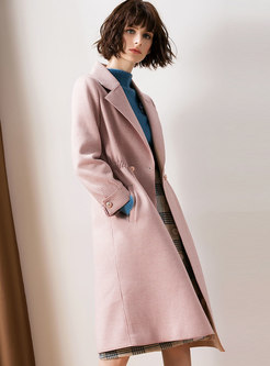 Winter Pink Notched Gathered Waist Overcoat
