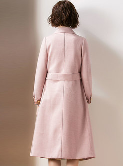 Winter Pink Notched Gathered Waist Overcoat