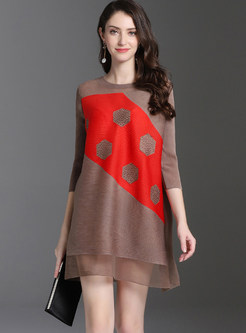 Fashion Polka Dot Print Splicing Mesh Pleated Dress