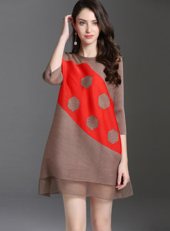 Fashion Polka Dot Print Splicing Mesh Pleated Dress