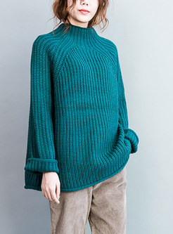 Casual High Neck Loose Solid Color Pullover Sweater