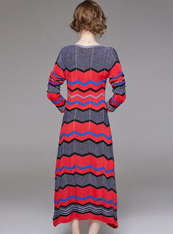 Stylish Color-blocked O-neck Hem Knitted Dress