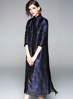 Chic Mesh Splicing Embroidered Fur Collar Long Coat