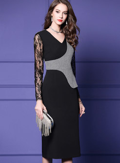 Elegant V-neck Houndstooth Lace Stitching Bottoming Dress