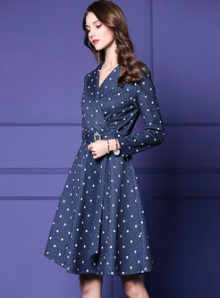 Fashion Blue V-neck Dots Belted A Line Dress