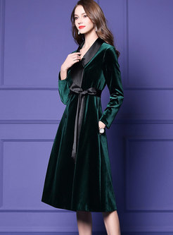 Green V-neck Thicken Velvet Gathered Waist Dress