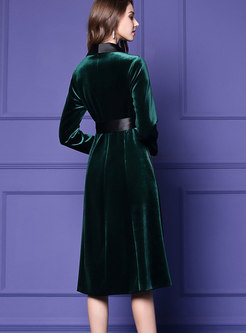 Green V-neck Thicken Velvet Gathered Waist Dress