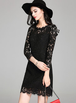 Elegant Black O-neck See-through Sheath Lace Dress