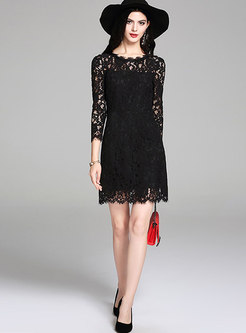 Elegant Black O-neck See-through Sheath Lace Dress