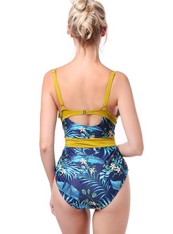 Fashion Color-blocked Print Splicing Swimwear