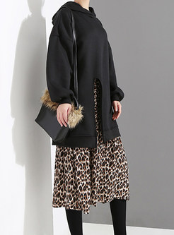Casual Hooded Splicing Leopard Fake Two Piece Outfits