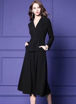 Black V-neck Long Sleeve Bottoming Dress With Pockets