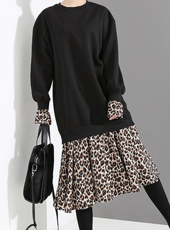 Trendy O-neck Splicing Leopard Sweatshirt Dress