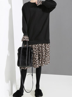 Trendy O-neck Splicing Leopard Sweatshirt Dress