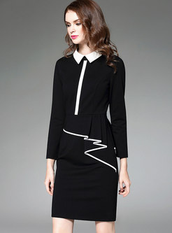 Elegant Color-blocked Polo Collar Slim Sheath Dress