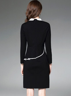Elegant Color-blocked Polo Collar Slim Sheath Dress