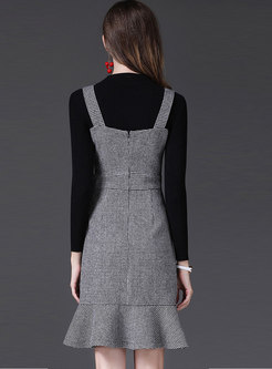 Woolen Grid Slim Falbala Suspender Dress