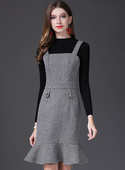 Woolen Grid Slim Falbala Suspender Dress