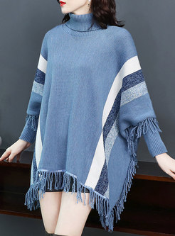 Fashion High Neck Tassel Patch Asymmetric Sweater