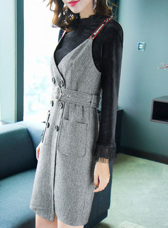Black Flare Sleeve Slim Top & Woolen Belted Asymmetric Slip Dress