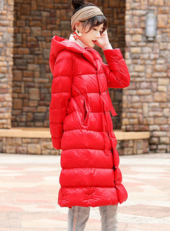 Brief Solid Color Hooded Knee-length Down Coat