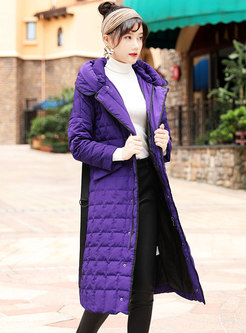 Fashion Color-blocked Hooded Straight Down Coat