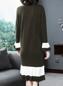 Color-blocked Splicing Flare Sleeve High Neck Sweater Dress