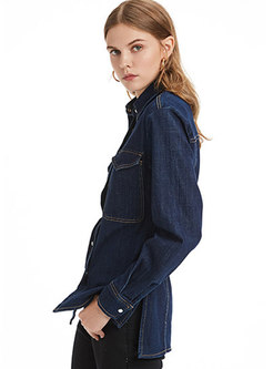 Casual Deep Blue Turn-down Collar Buttoned Blouse