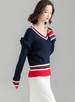 Trendy Color-blocked V-neck Loose Sweater