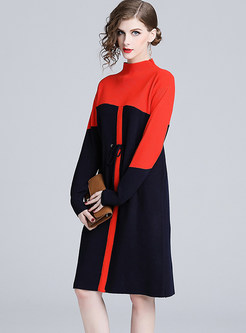 Chic Color-blocked Stand Collar Tied Knitted Dress