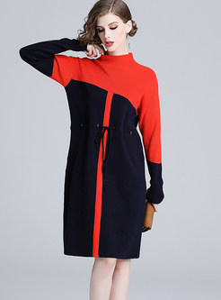 Chic Color-blocked Stand Collar Tied Knitted Dress