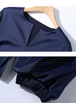 Fashion V-neck Falbala Blouse & Color-blocked Splicing Skirt