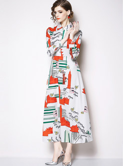 Court Lapel Long Sleeve Floral Single-breasted Maxi Dress