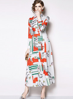 Court Lapel Long Sleeve Floral Single-breasted Maxi Dress