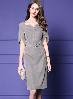 Vintage V-neck Short Sleeve Striped Belted Dress