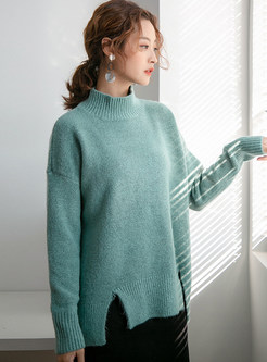 High Neck Loose Thicken Slit Irregular Sweater