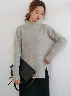 Loose Turtle Neck Long Sleeve Pullover Slit Sweater