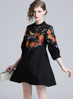 Lantern Sleeve Splicing Embroidered Lace Skater Dress
